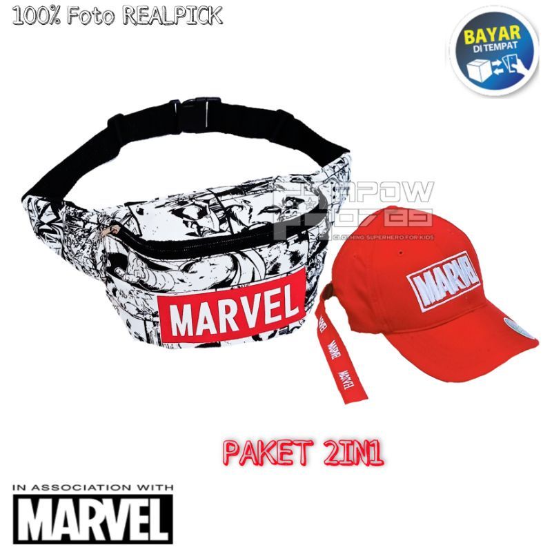 2in1 tas waist bag anak marvel + topi marvel kanvas premium