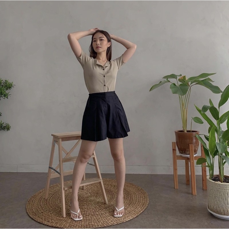 CLARA KNIT MARBLE BUTTON TOP - BASIC U NECK - ATASAN RAJUT KOREA - HADIAH / KADO ULTAH CEWEK