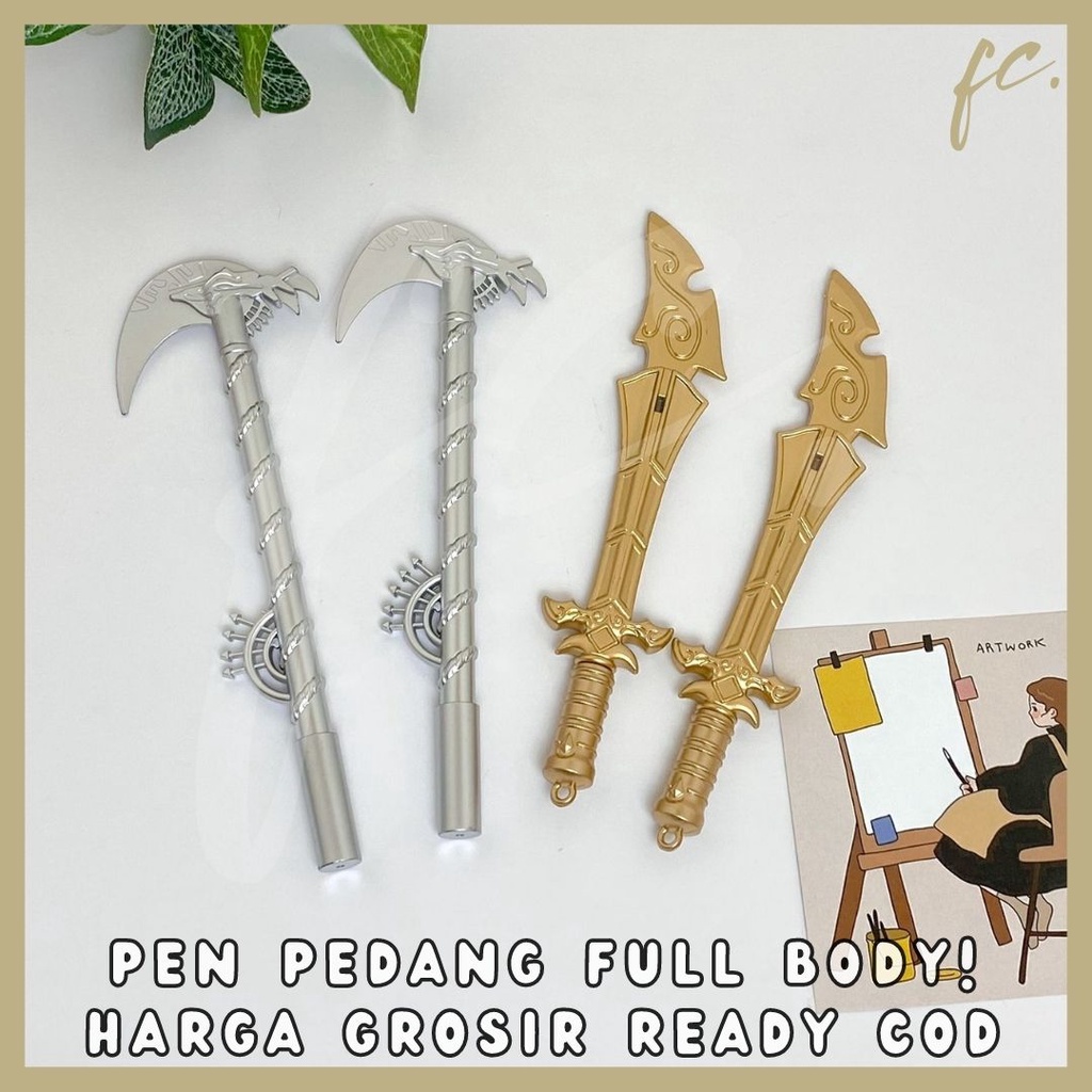 Pen / Pulpen Gel Tinta Hitam Full Body Karakter Pedang Tongkat Sabit Miniatur Mini Sword Kris Keris 