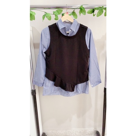 Atasan kemeja wanita motif salur kombinasi vest