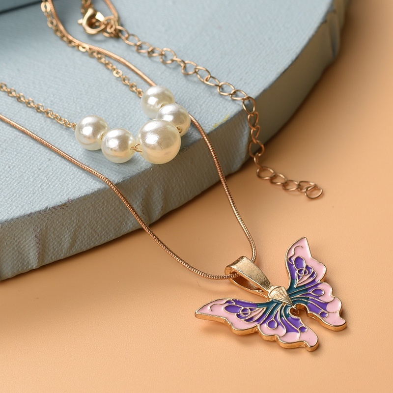 Women Fashion Double Layer Pearl Butterfly Enamel Pendant Necklace/Kalung Klavikula Elegan/Hadiah Populer Aksesoris Perhiasan