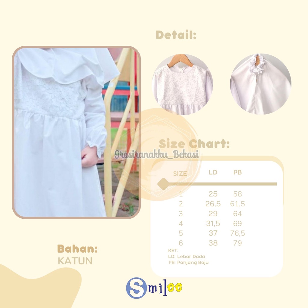 Gamis Kerudung Anak Aplikasi Brukat Putih Size 1-6Tahun