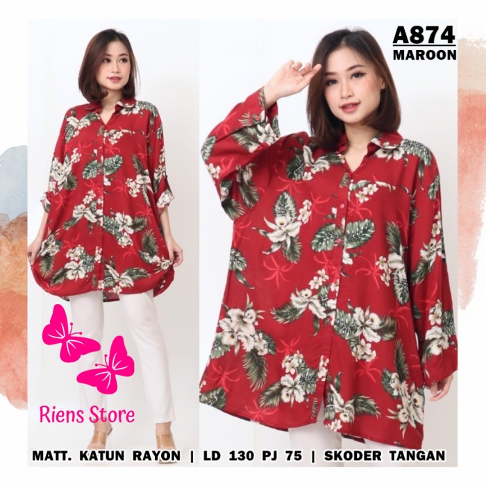 Tunik Wanita Atasan Wanita Kemeja Jumbo Motif Bunga MaroonLuxiar A7I0 Baju Tunik Modis Casual Baju T