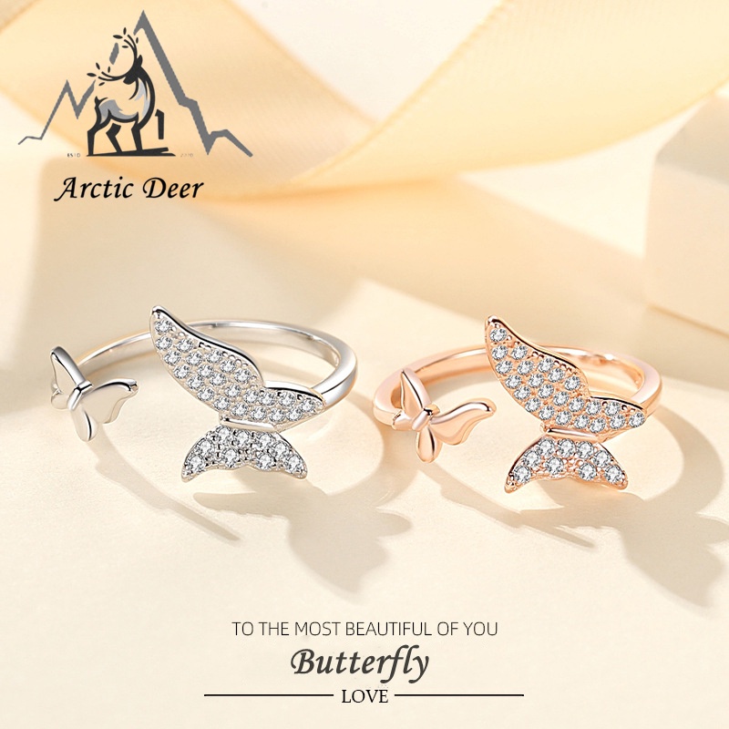 Full Diamond Butterfly-Cincin  perak asli mewah S925 luxurious Ring Adjustable opening S925 Original Arctic Deer