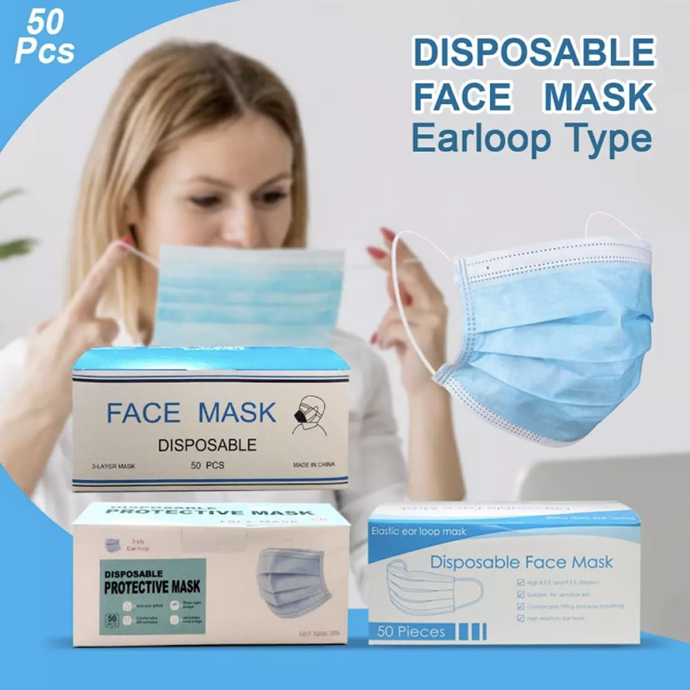 Masker 3 Ply 1 Box Isi 50 Pcs Masker Medis Bedah 3Ply / Masker Earloop Disposable Surgical Face Mask