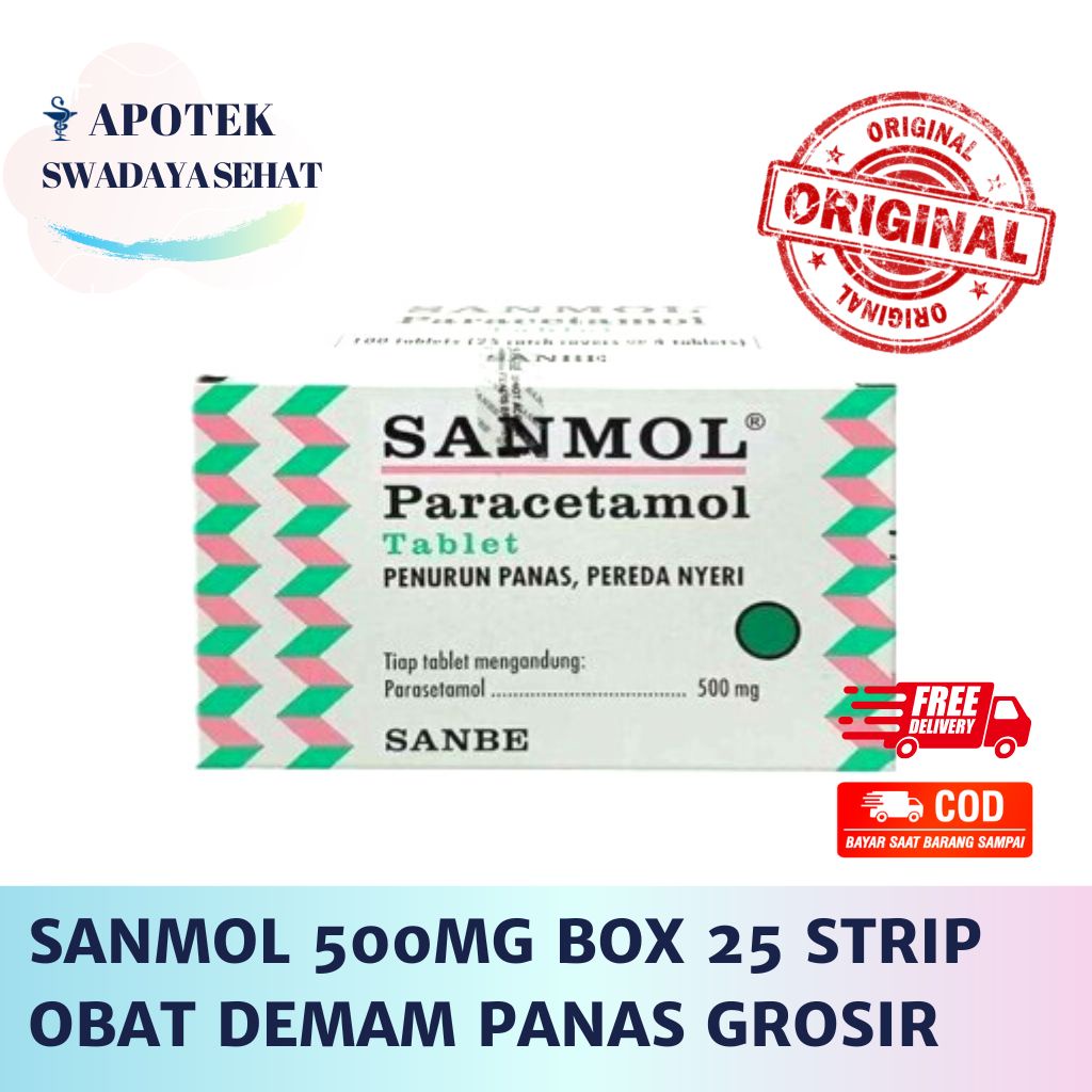 SANMOL BOX 25 Strip - Obat Demam Parasetamol Anti Nyeri 100 Tablet