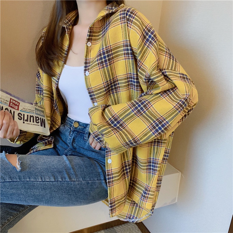 [5 Warna]Korea Style Fashion Kemeja Kuning Panjang Kasual Atasan Baju Jumbo Wanita Plaid Blouse Shirt