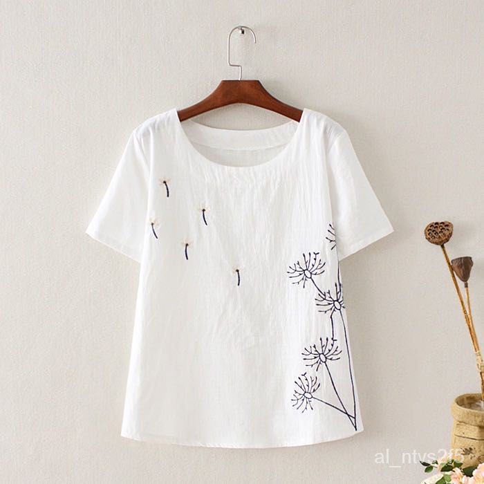 Simple Women Cotton Linen Summer Short Sleeve Embroidery Blouse pVzM
