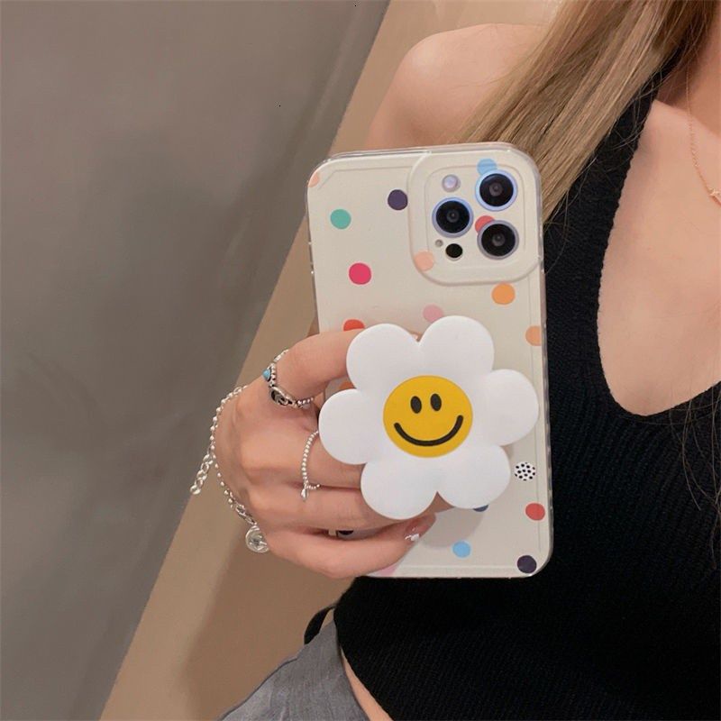 Polka dot flower pattern with mobile phone holder iPhone case 11 12 Pro Max ProMax 7 8 Plus X Xs XsMax soft case