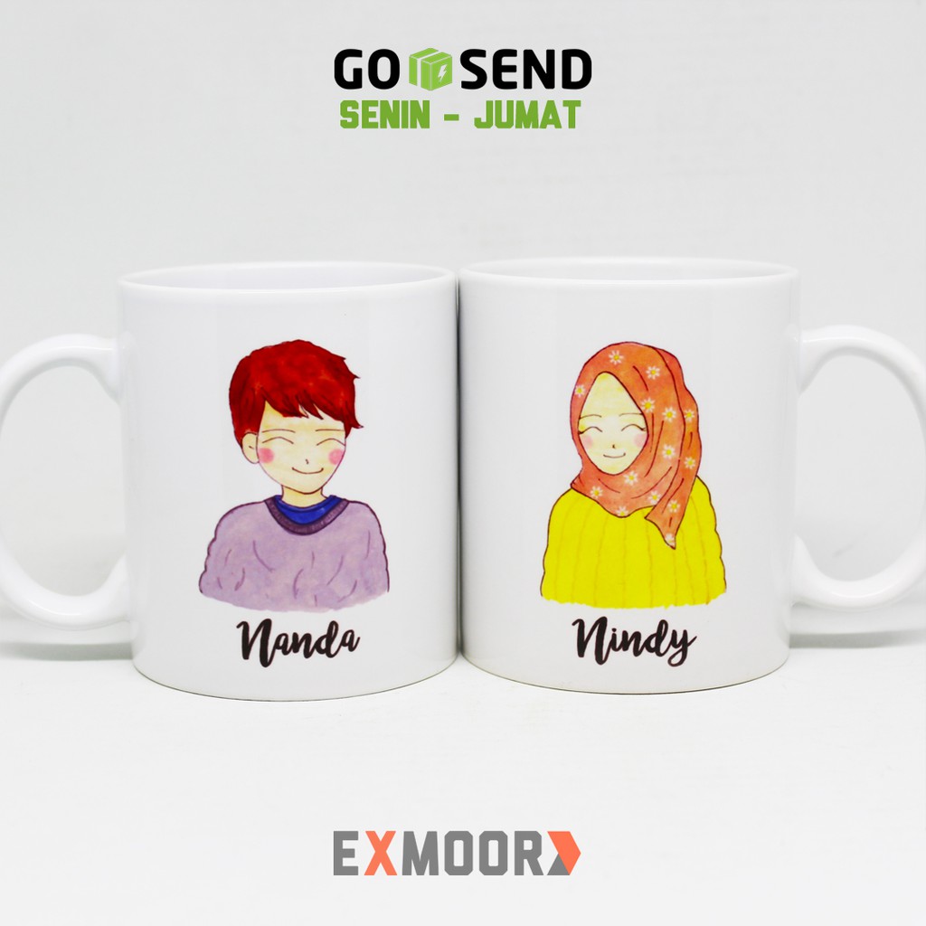 Mug Couple Doodle Hijab Casual untuk Kado Pasangan