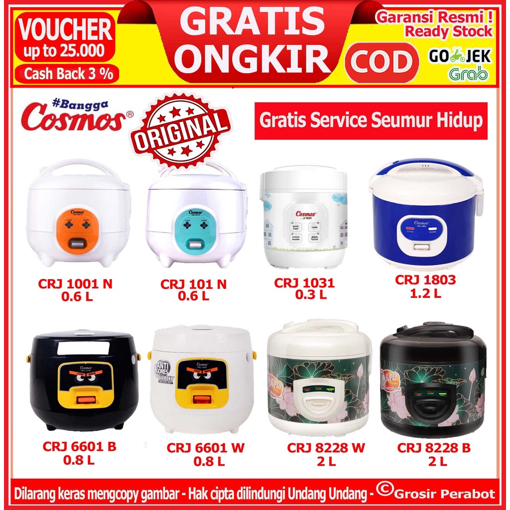 Rice Cooker Magic Com Mini Cosmos 0.6 0.8 1 1.2 1.8 2 2.5 Liter 3 in 1 Ricecooker Ricecoker Magicom Megicom Mejikom Mini Cosmos 0.6 0.8 1.2 1.8 2 2.5 Liter 3 in 1 CRJ 1001 101 N 1803 6601 6123 6023 3301 3302 3306 3237 6301 323 8288 8299 9303 6305  3232 N