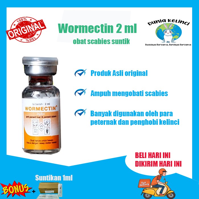 WORMECTIN 20 ML OBAT SCABIES GUDIK JAMUR PARASIT CACING KELINCI KUCING ANJING HAMSTER SAPI HEWAN-Wormectin 2 ml