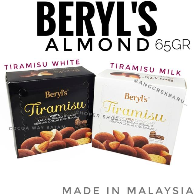 

Cokelat Beryl's Tiramisu Almond Box 65gr / Coklat Beryl Tiramisu Almond Kotak / Coklat Susu , Putih