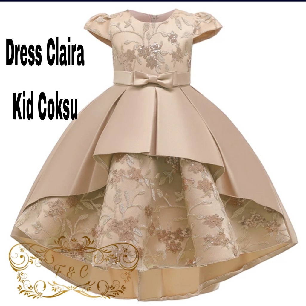 DRESS CLAIRA ANAK KID MUTIARA, TILE MOSCREPE, DRESS MAXY, 5 UKURAN