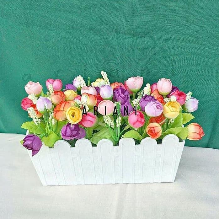 tanaman artificial  Bunga Plastik Kelereng Mini Mix Dengan Pot Pagar Besar