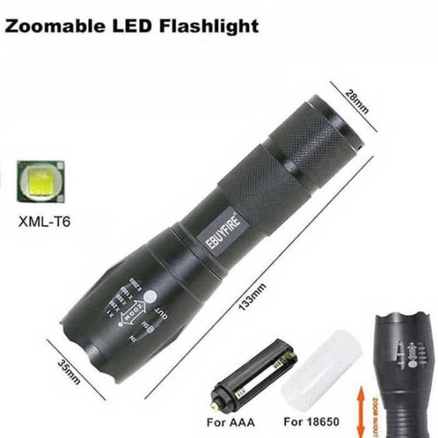 Paket Senter Led Cree E17 XM L T6 Mini Taffware Super Terang Zoom Light 5 Mode Waterproof Mini