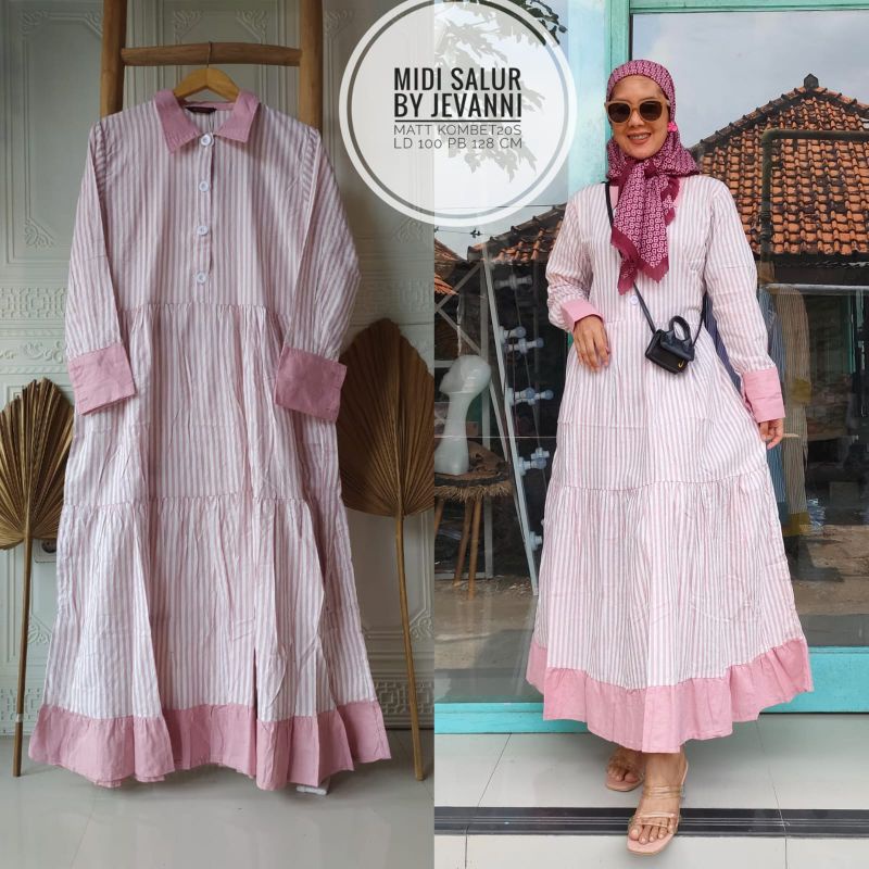MIDI DRESS SALUR COMBAD ORI RUFFLE KEKINIAN MURAH GAMIS WANITA MAYUNG