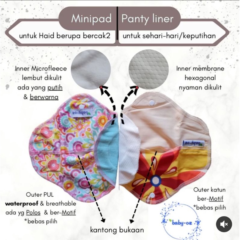 Menspad Baby Oz pembalut kain warna Polos motif panty liner menspad babyOz paket