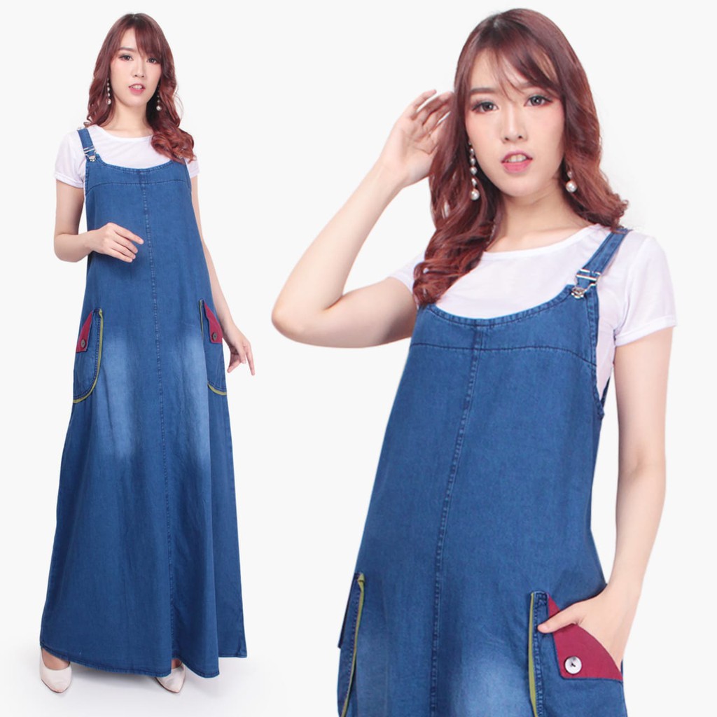 SB Collection Overall Dress Maxi Novyta Panjang Jeans Casual Wanita