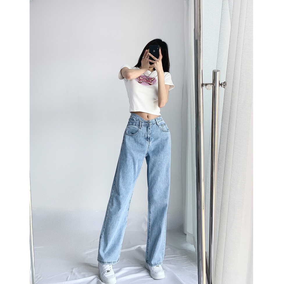 Celana Panjang High Waist Korean Style Straight Jeans Kulot Jeans Biru Wanita Kekinian