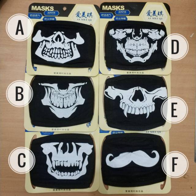 Masker Kain Pria Laki EARLOOP Motif Tengkorak Bagus Murah Mulut Keren Hitam