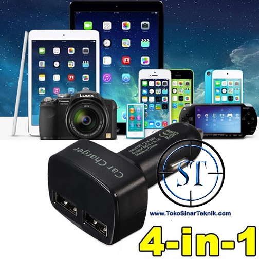 USB Car Charger 4 in 1 Amperemeter, Voltmeter 3.1A Temperatur Suhu