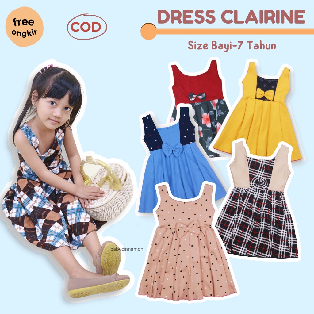 Dress Clairine uk Bayi - 7 Tahun / Baju Anak Perempuan Murah Dres Polos Yukensi Adem Pakaian Murah