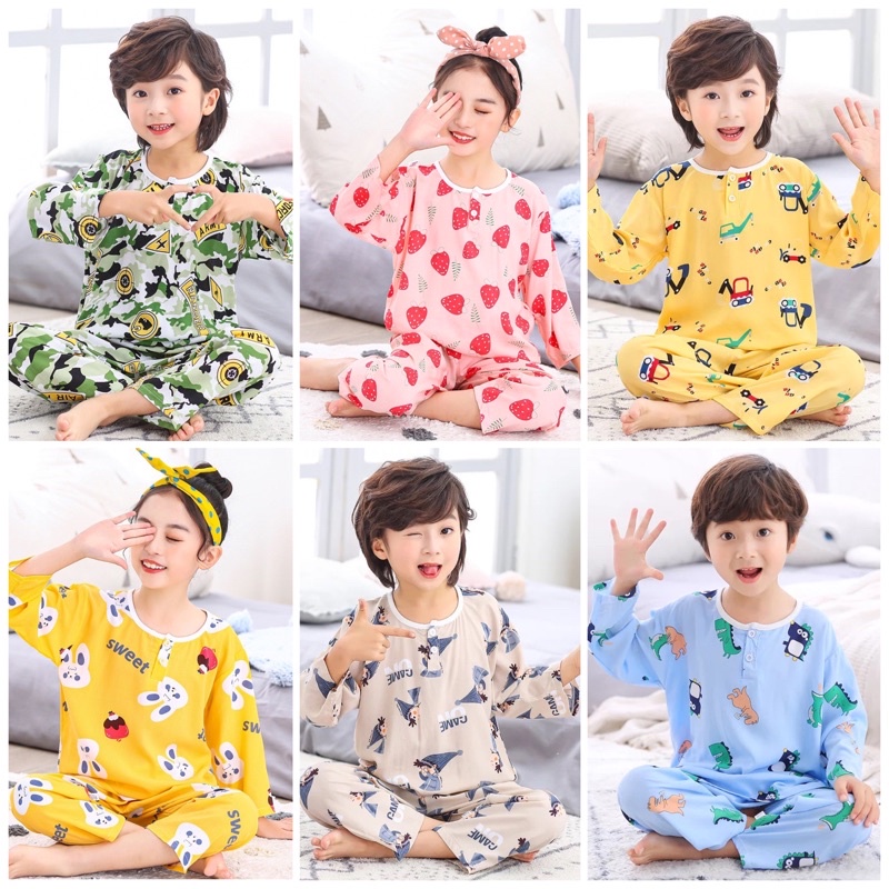 Baju tidur anak cowok cewek piyama Style Korea Terbaru Sehat Adem Pakaian Tidur Anak Bayi Katun Rayon Import