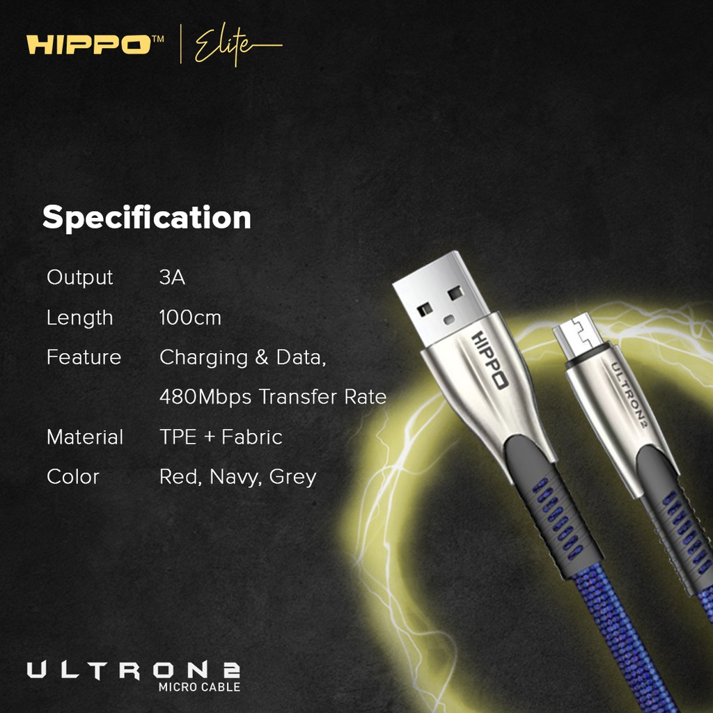 Hippo Elite Ultron 2 Micro, Type C, Lighting USB Port Cable 100 cm