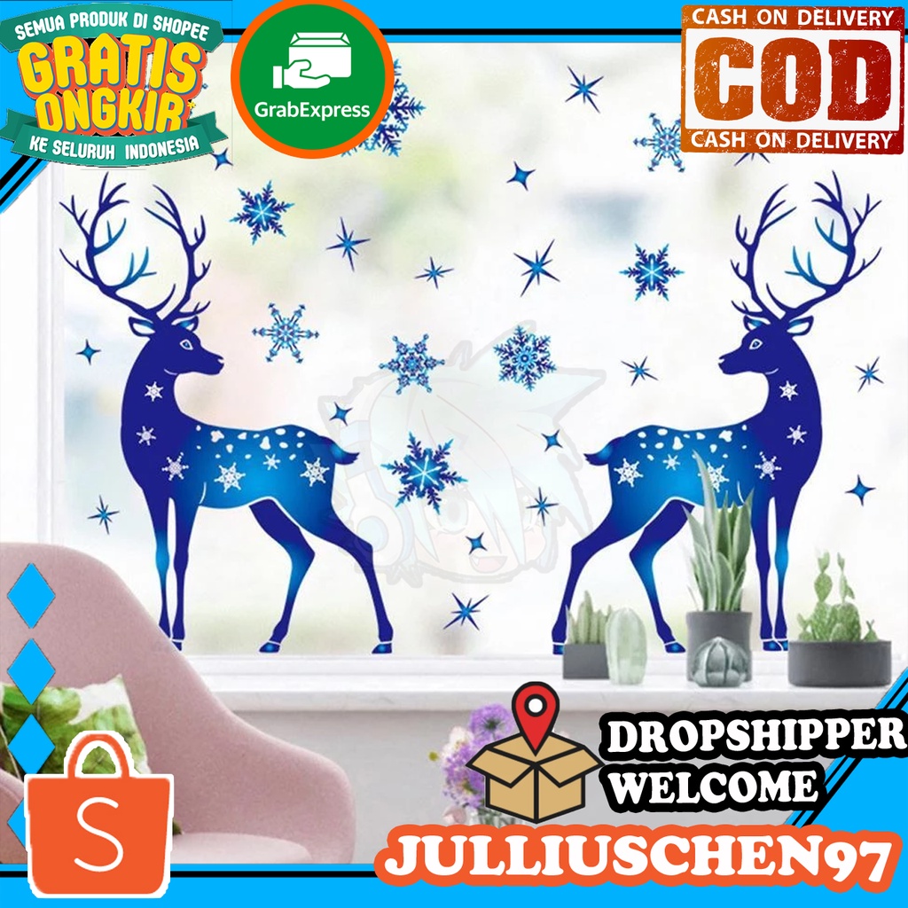 JJ CHEN Stiker Jendela Kaca Natal Christmas Blue Elk Electrostatic Glass Window Sticker Ornament / H