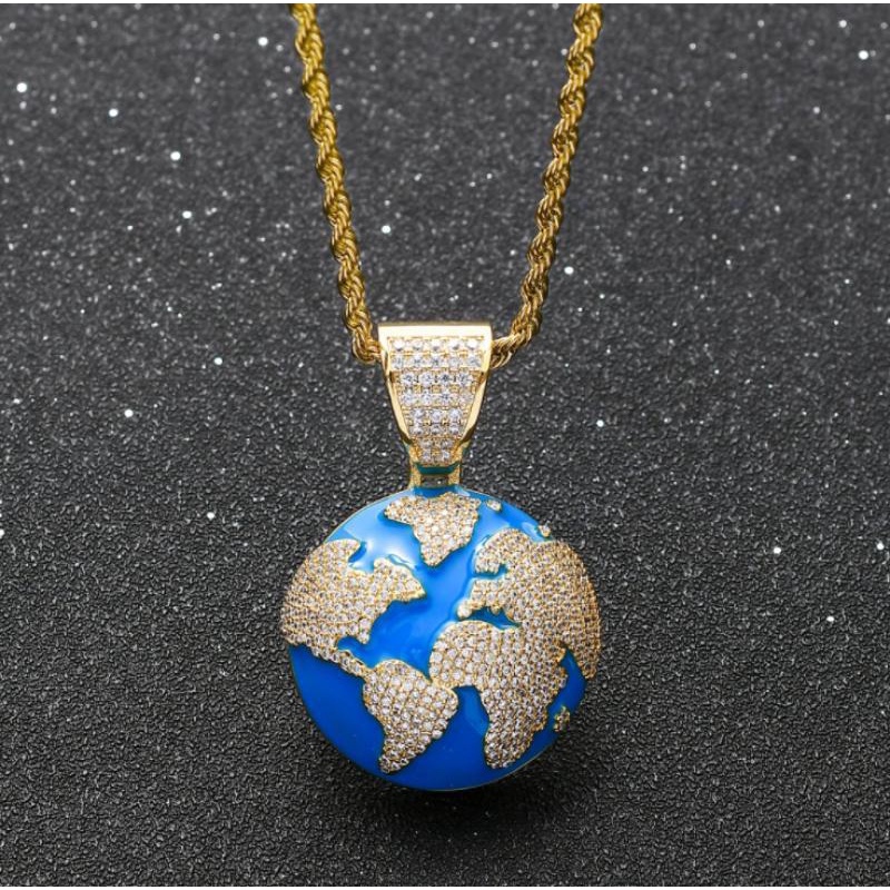 Perhiasan Kalung Liontin Drop Oil Micro-Inlaid Zircon Blue Earth Gaya Hip Hop Untuk Pria