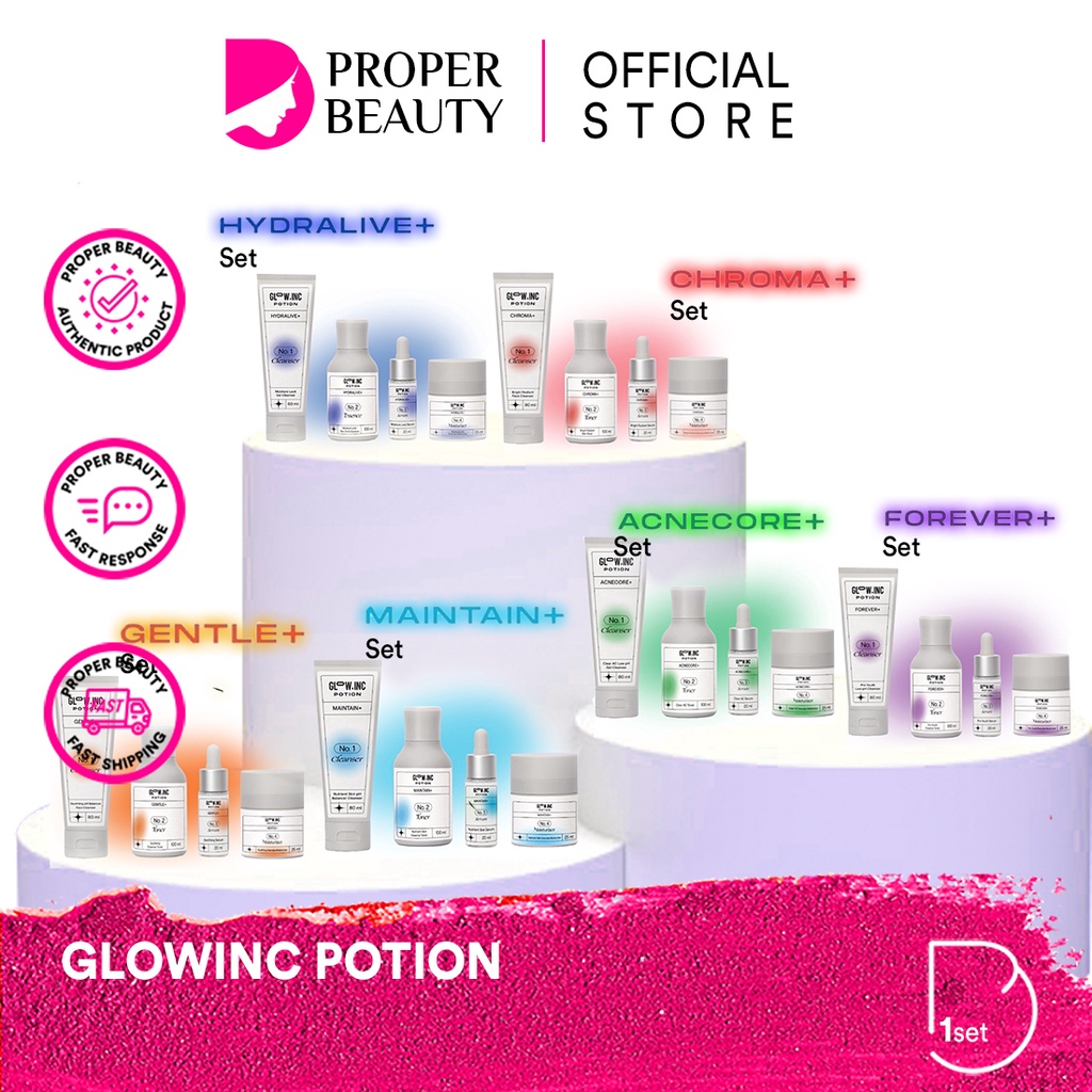 GLOWINC POTION Set Indonesia / Chroma+ Bright Radiant Acnecore+ Clear AC Gentle+ Soothing Hydralive+ Moisture Lock Maintain+ Nutrient Skin Forever+ Pro Youth Seamless Cleanser Toner Essence Serum Ampoule Cream Moisturizer Mask Spot Glow Inc Paket Package