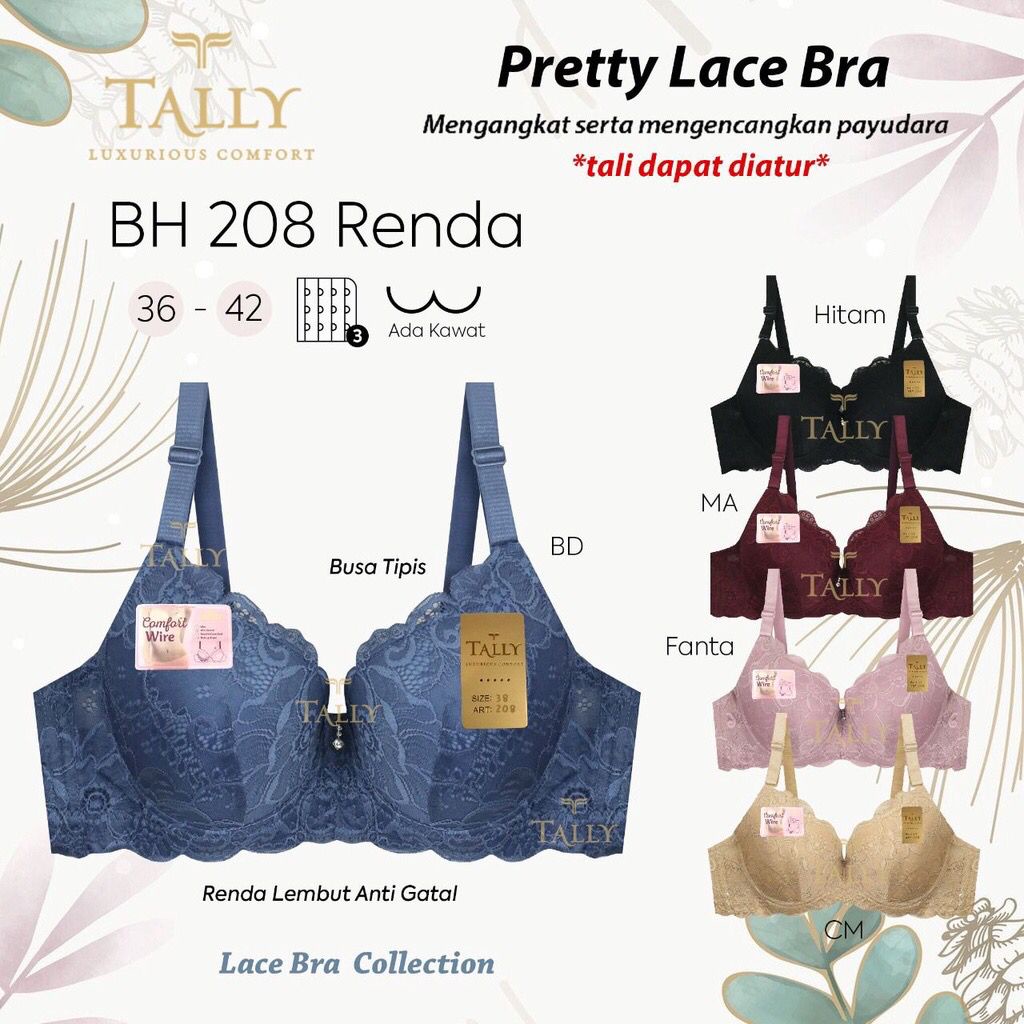NEW  BH BRA TALLY RENDA 208 - TALLY Bra Kawat Bahan Renda Busa tipis Cup D/E Kait 3 Cup Jumbo BH 208