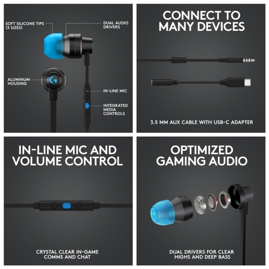 Logitech G333 Gaming Earphones with Type C Adapter Brand New