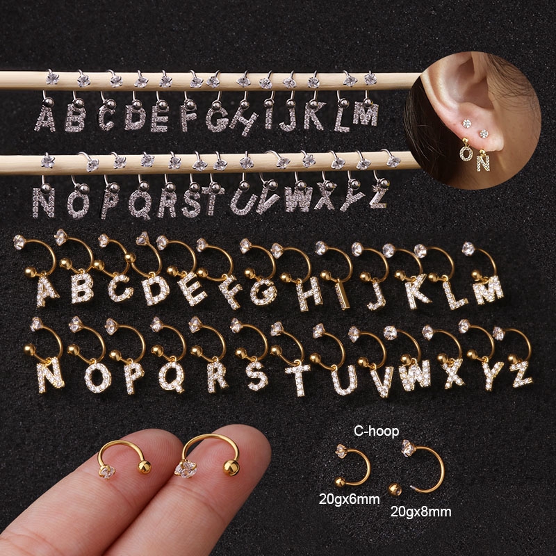 1PC 26 English Letter Zircon Pendant Hoop Ear Cartilage Earrings Stainless Steel Initial Helix Piercing Earring