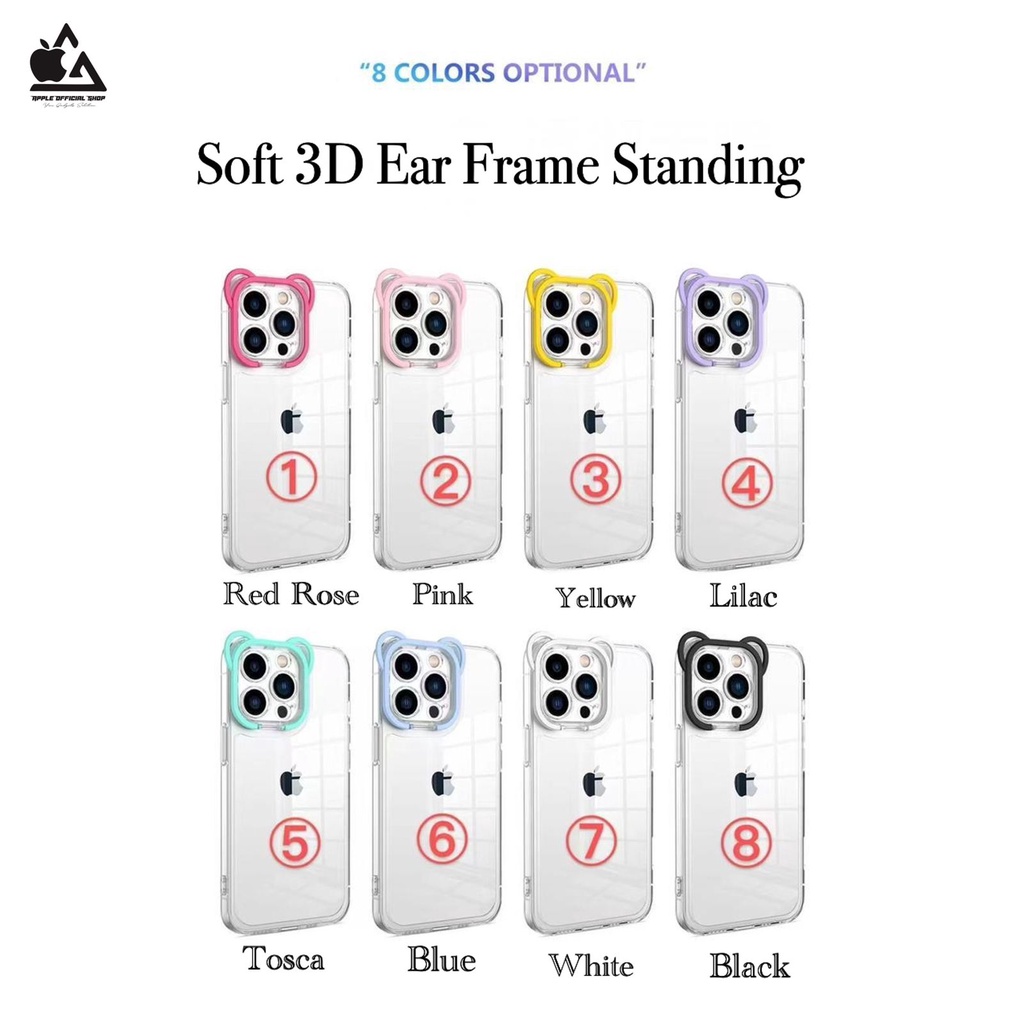 Softcase Lucu 3D Ear Frame Standing iPhone 13 PRO MAX 12 PRO MAX 11 PRO MAX XR X XS MAX 7 7+ 8 8+ SE 2 3 6 6+ Soft Clear Case Ear Bear Frame Camera Stand Bening SILIKON Kamera Protection