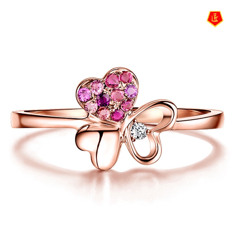 [Ready Stock]Silver Colors Gem Heart Shape Clover Ring