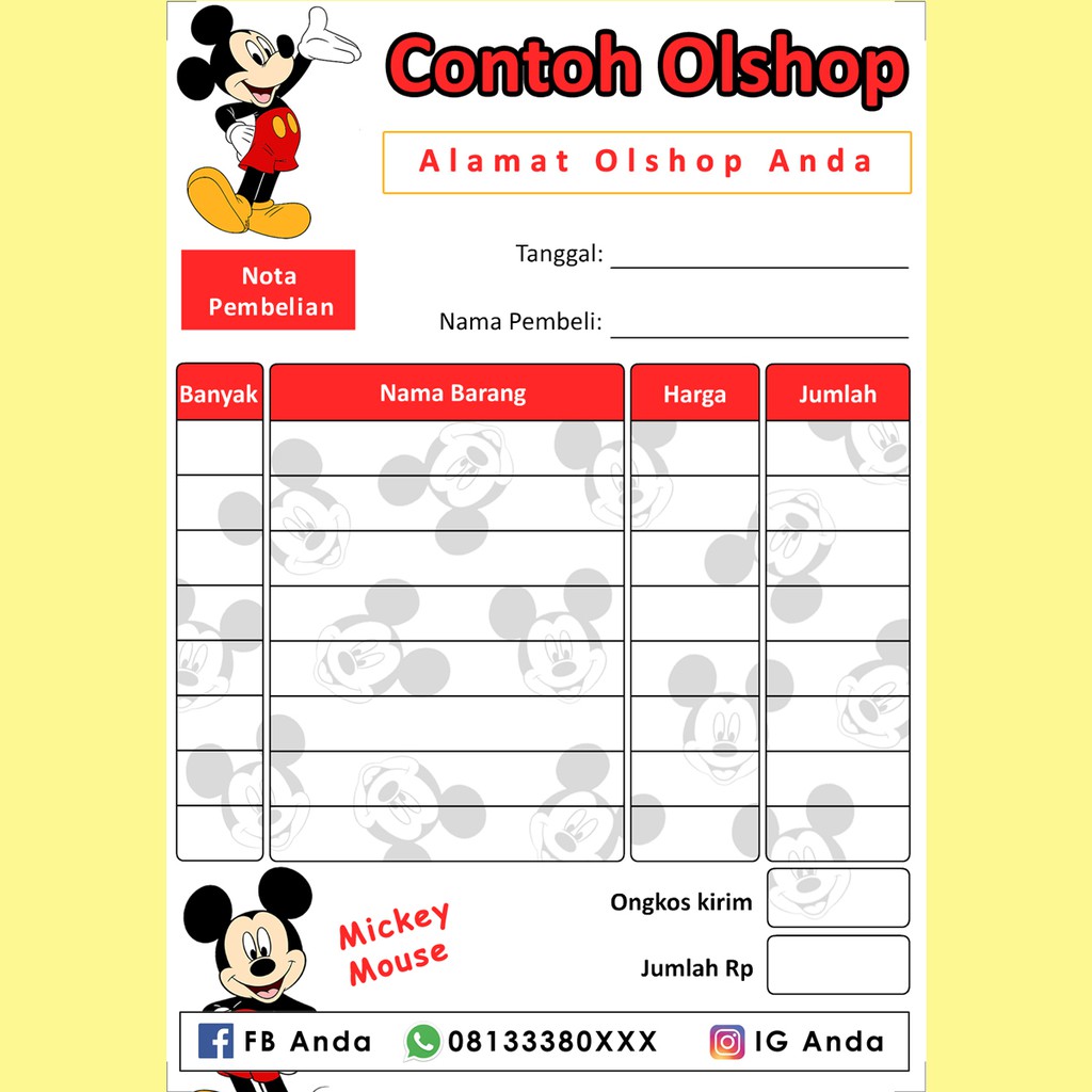 Nota Penjualan Pembelian Custom Olshop Online Shop Karakter Kartun Mickey Mouse Lucu Imut Murah Shopee Indonesia