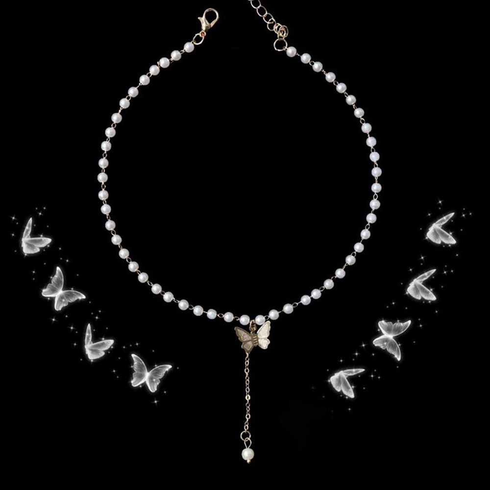 【COD Tangding】Retro Butterfly Pearl Necklace INS Gentle Girl Pearl Pendant Collarbone Chain Choker