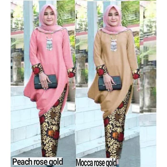 TBI Fashion Batik Set Atasan &amp; Rok Maxi Overall Style Baju Long Dress - Peach Rose Gold