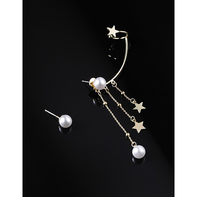 LRC Anting tusuk Fashion Golden Pentagram Tassel Pearl Ear Bone Earrings Integrated D78101