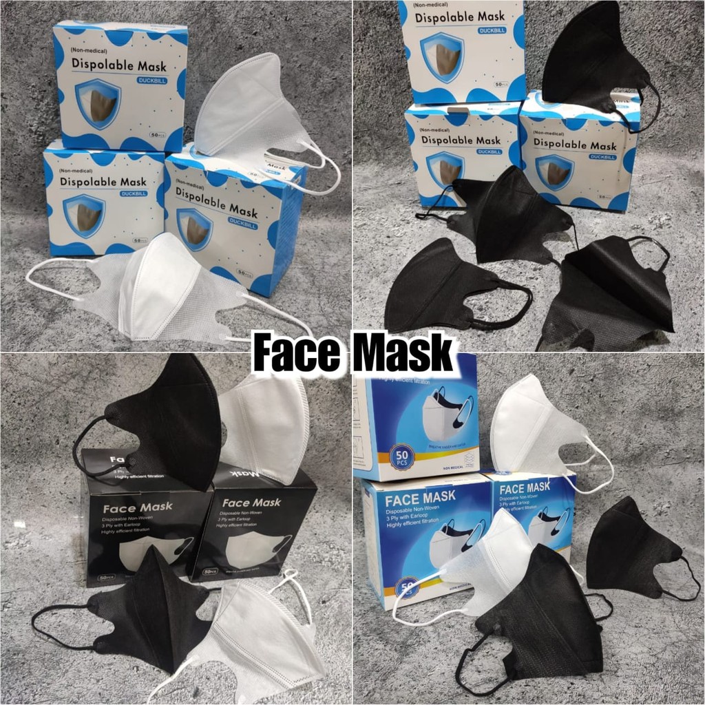 PER BOX ISI 50 - MASKER DUCKBILL MURAH FACE MASK 3PLY BFE 95% - HITAM PUTIH WARNA RAINBOW MURAH TERMURAH