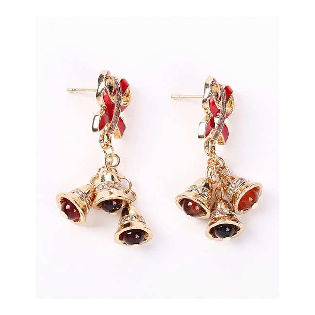 LRC Anting Tusuk Fashion Red Christmas Bell Bow Earrings F90555