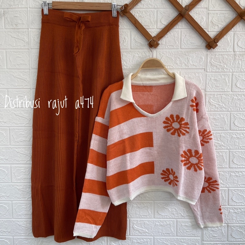 ONESET SWEATER WANGKY BUNGA KNIT SETELAN KULOT