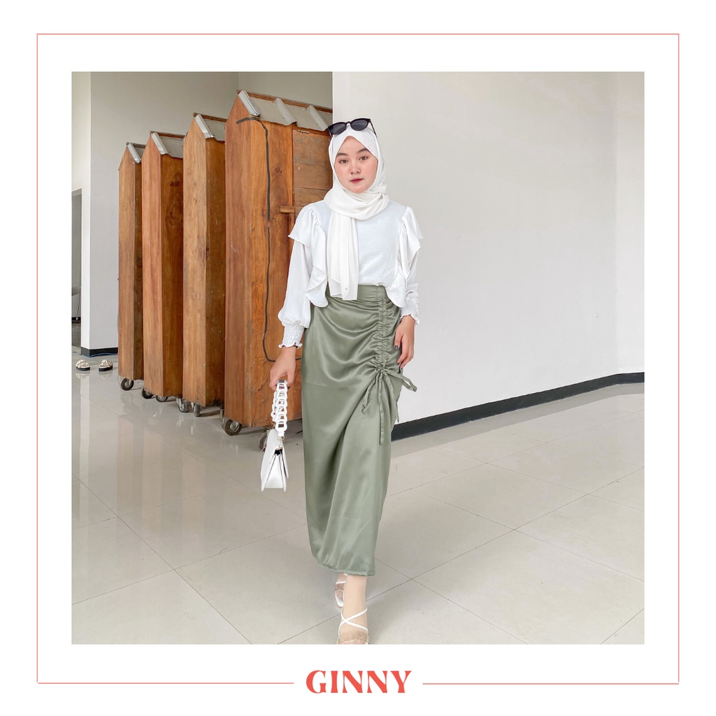 Sri Skirt | Women's Modern Plain Drawstring Kebaya Skirt | Bawahan Rok Kebaya Kain Satin Serut Polos Wanita | GINNY-4