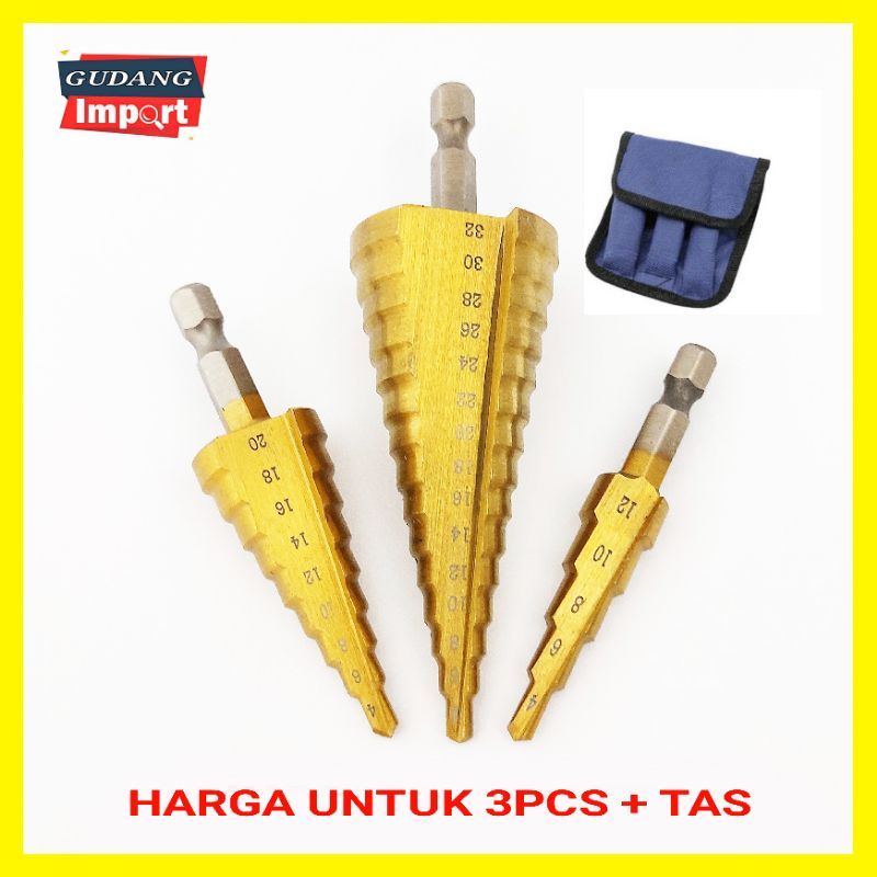 STEP DRILL DRIL MATA BOR PAGODA KERUCUT PEMBOLONG BESI KAYU PLASTIK HOLESAW SET ISI 3