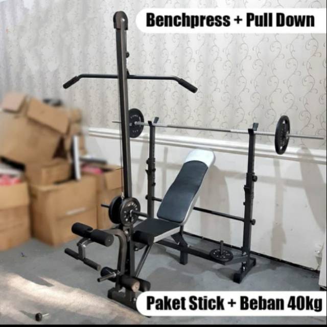Bench Press + Pull Up Down Paket Stik + Beban 40 Kg
