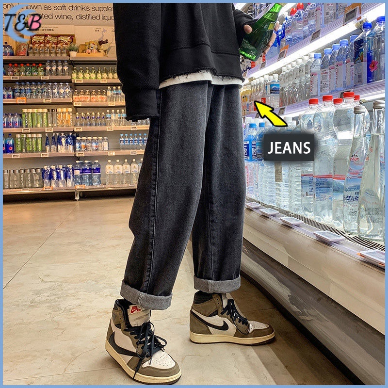 Celana jeans pria celana jeans panjang pria Korean Style gombrong Kulot Pria OverSize straight Jeans loose pants hitam  celana lebar pria Celana jeans cowok import nyaman casual denim