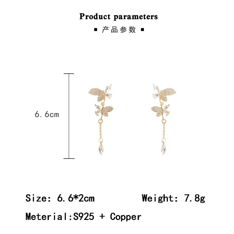 Anting Rumbai Panjang Desain Kupu-Kupu Aksen Kristal Berlian Gaya Korea