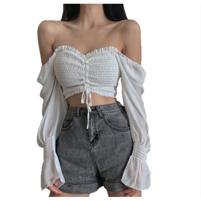 Korean Off Shoulder Crop Blouse Atasan Lengan Panjang 1266 (S/M/L)